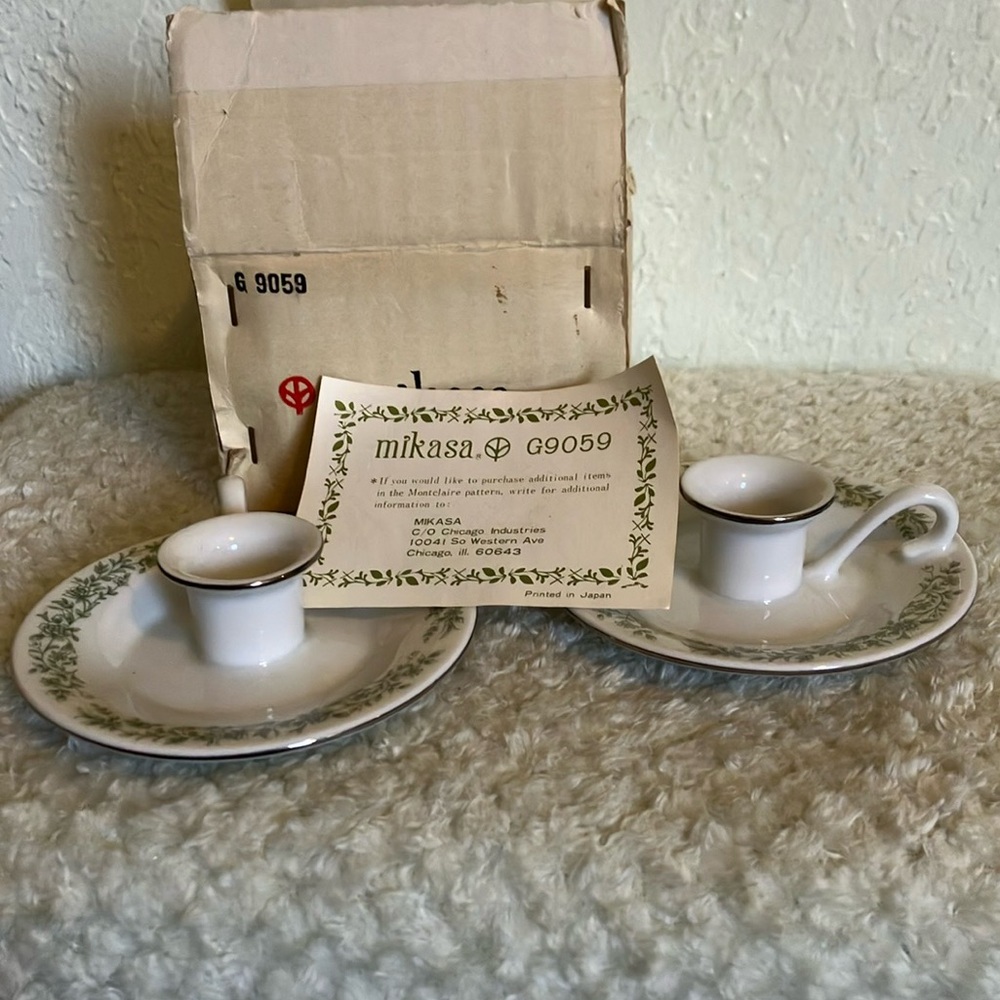 Mikasa Fine China White Green floral Silver accent trim Vintage Candle Holder